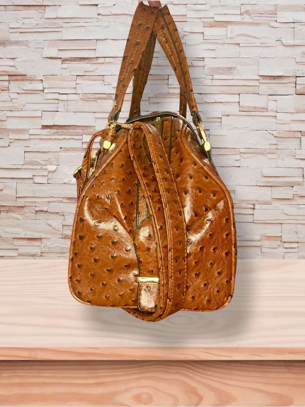 Michael Kors Cognac Ostrich-Embossed Leather Satchel w/ Guillotine Closure - Picture 5 of 8